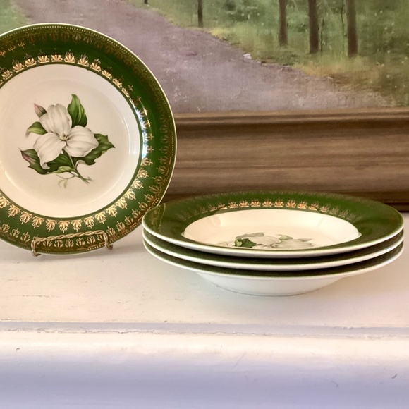 4 soup bowls American Limoges L'Triomphe Trillium Forest Green Dinnerware 22K - Picture 2 of 9
